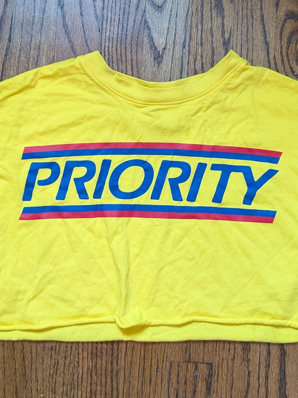 Forever 21 X USPS Yellow Crop Top with Blue and Red Priority Graphic